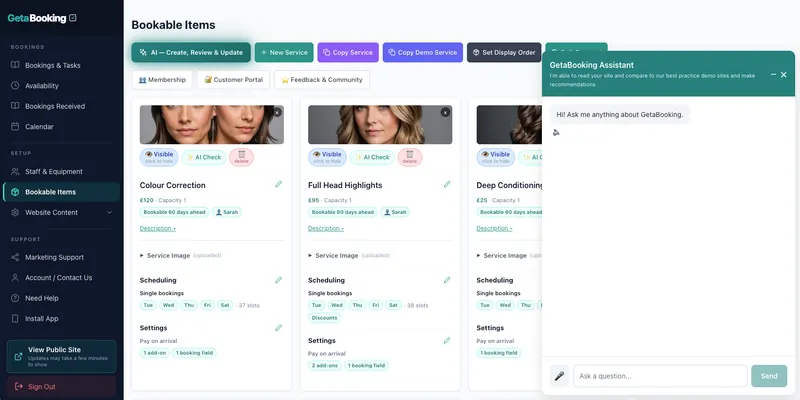 GetaBooking salon booking software dashboard and booking page