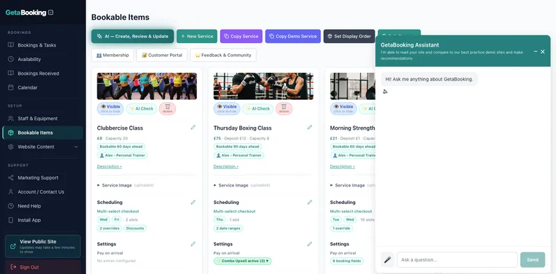 GetaBooking dashboard with the 24/7 AI helper making updates for a fitness class booking page